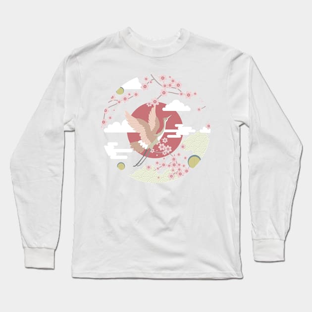 Crane birds and cherry blossom, abstact japanese style print Long Sleeve T-Shirt by KINKDesign